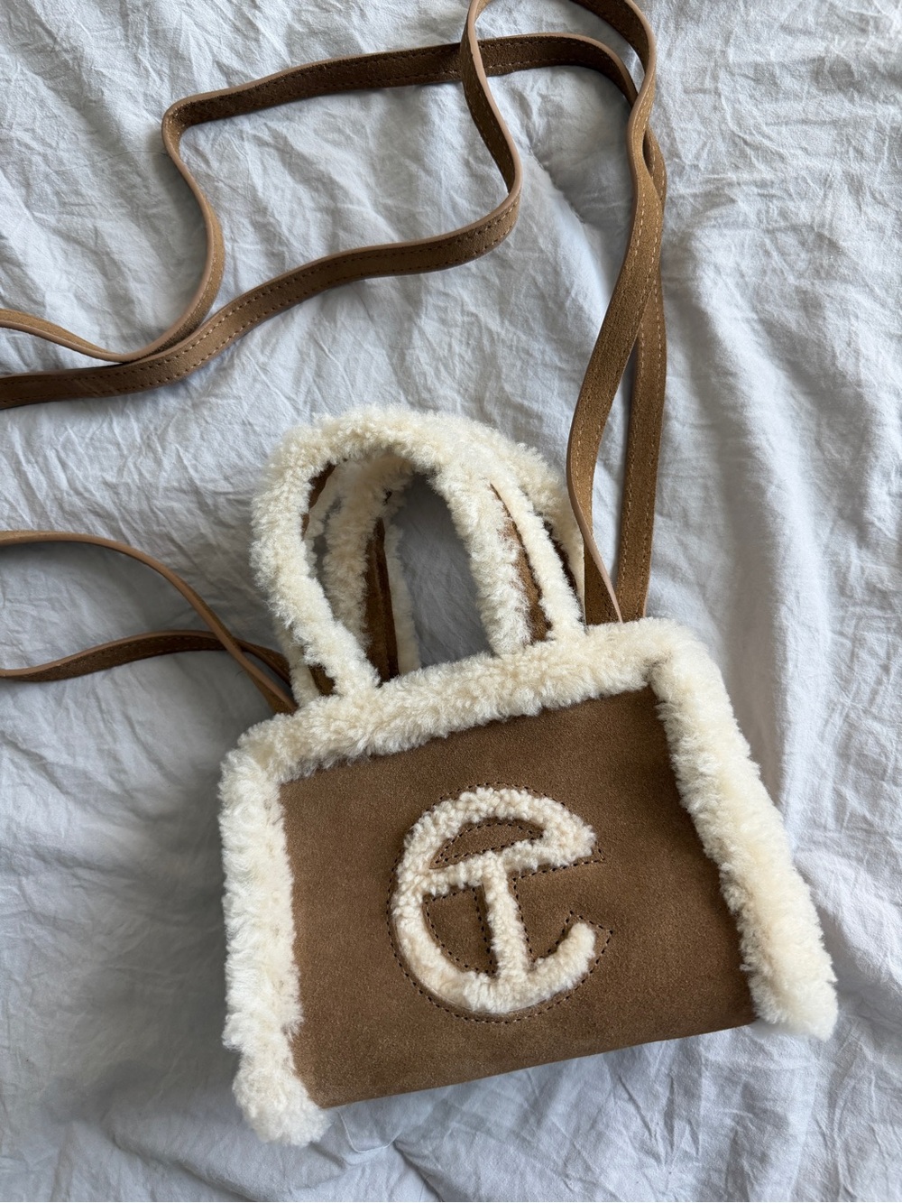 Telfar Tan Suede Crossbody with Cream Shearling Trim